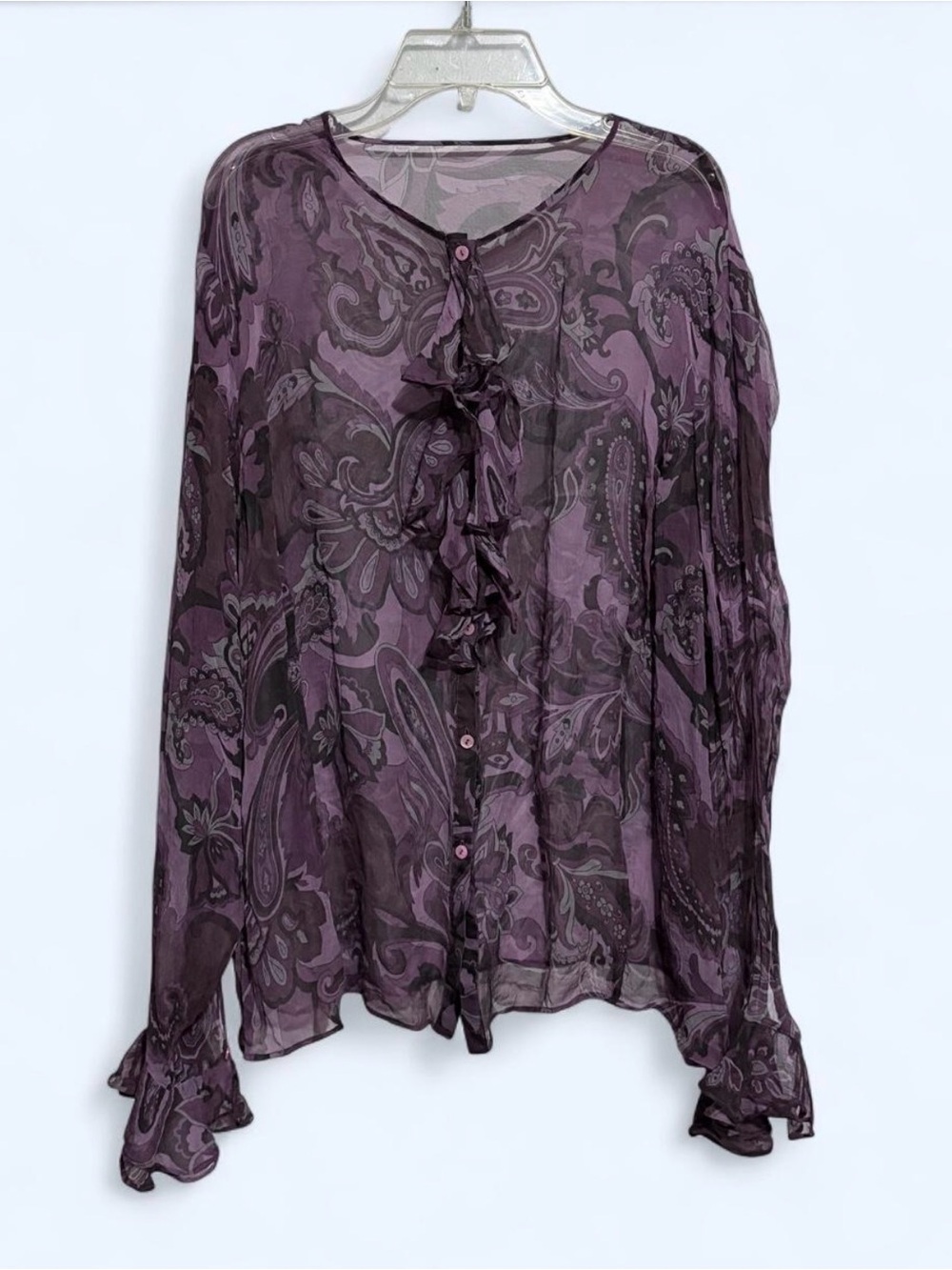 Purple Paisley Ruffle Front Sheer Blouse